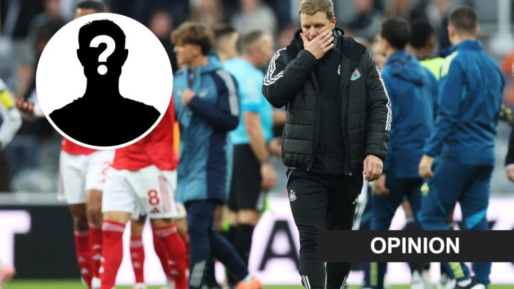 Inset, mystery person graphic. Eddie Howe looks dejected after Newcastle United lose to Arsenal.