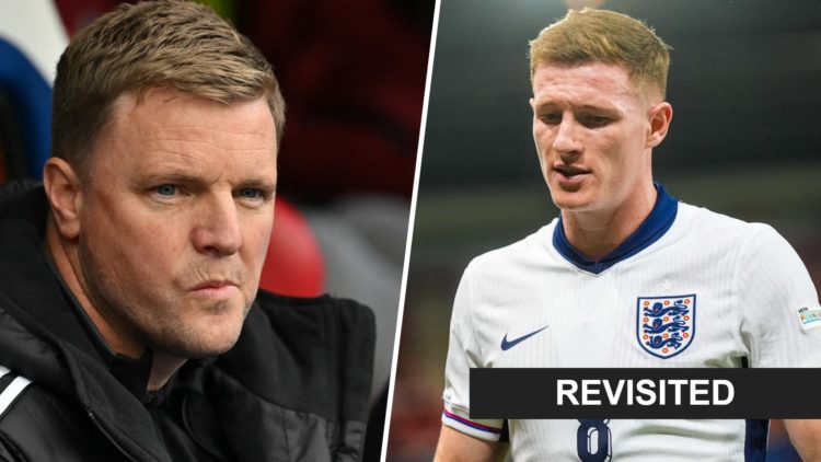 Newcastle United manager Eddie Howe looks on. Elliot Anderson playing for England U21s.