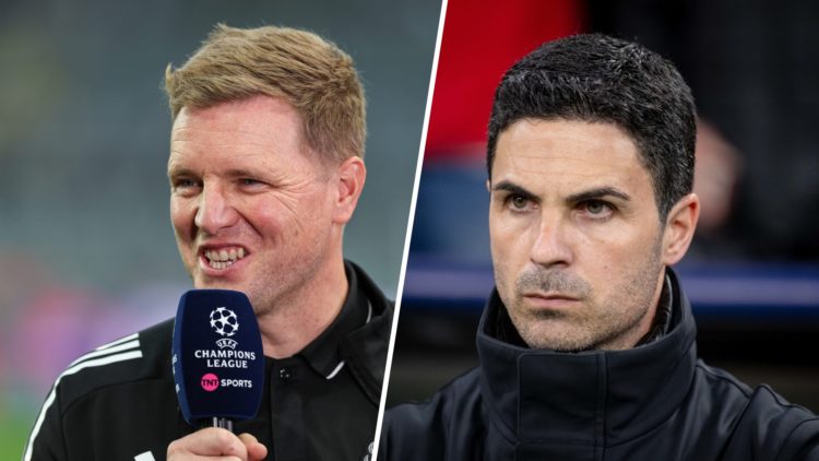 Eddie Howe is interviewed before the match during the UEFA Champions League 2025/26 League Phase MD1 match between Newcastle United FC and FC Barce...