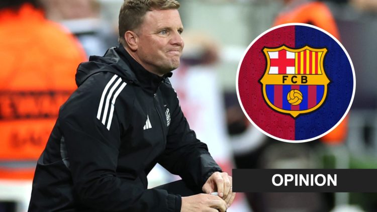 Eddie Howe crouched on the touchline during a Champions League game between Newcastle United and Barcelona. Inset: the Barcelona badge and an opini...
