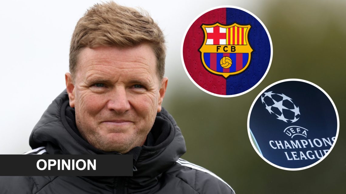 Newcastle United head coach Eddie Howe. Inset 1, Barcelona badge. Inset 2, Champions League logo.