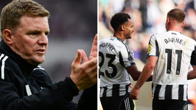 Eddie Howe claps his hands from the touchline. Jacob Murphy and Harvey Barnes celebrate for Newcastle United.