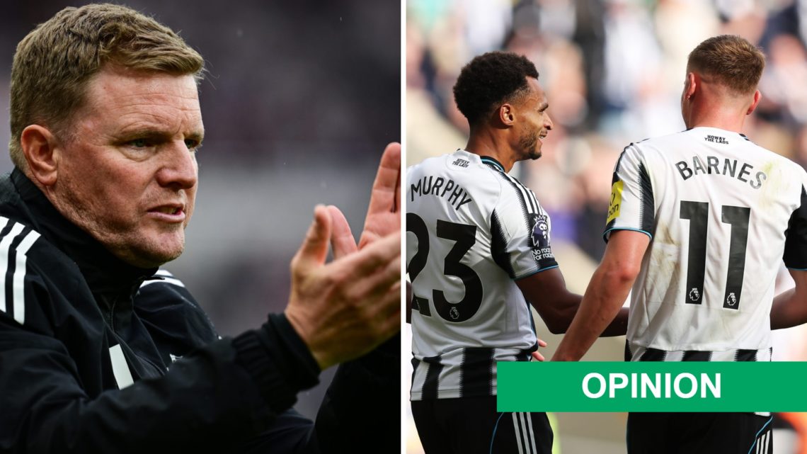 Eddie Howe claps his hands from the touchline. Jacob Murphy and Harvey Barnes celebrate for Newcastle United.