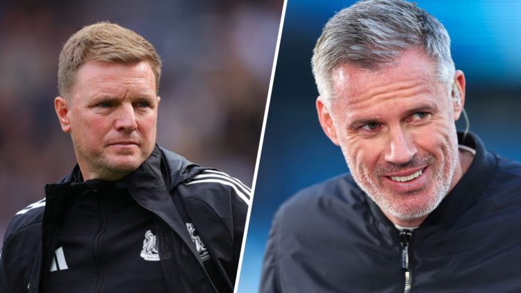 Eddie Howe and Jason Tindall look on during Newcastle United vs Wolves. Jamie Carragher doing punditry for the Premier League game between Manchest...