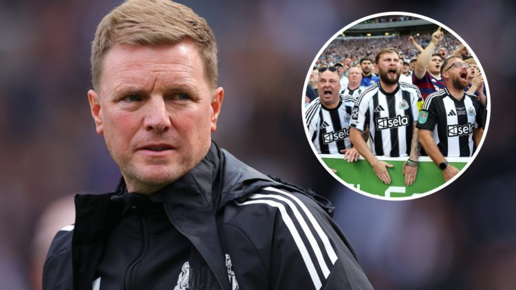 Newcastle United manager Eddie Howe looks on. Newcastle United fans inside St James' Park.