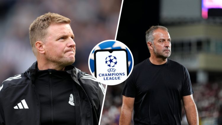 Eddie Howe looks on before a Newcastle United game. Hansi Flick looks on during a La Liga game. Inset: the Champions League logo on a phone.