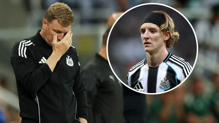 Newcastle United manager Eddie Howe reacts to Anthony Gordon's red card against Liverpool. Inset, Anthony Gordon.