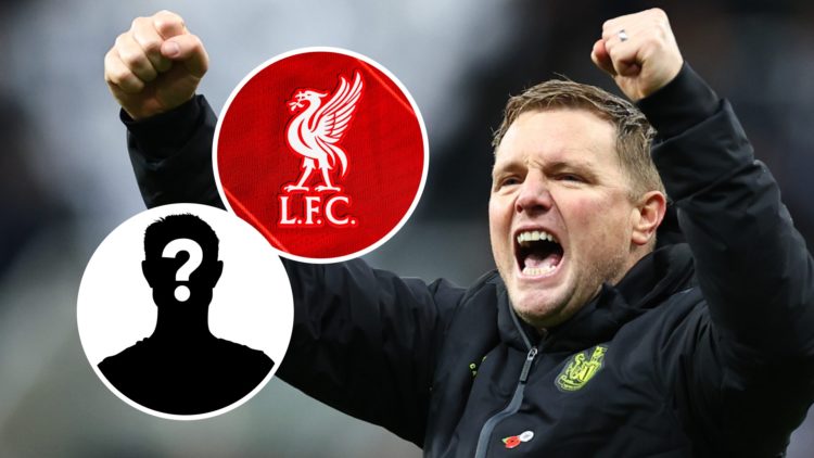 Eddie Howe celebrates after Newcastle United's win against Arsenal. Inset: the Liverpool badge and a mystery player.