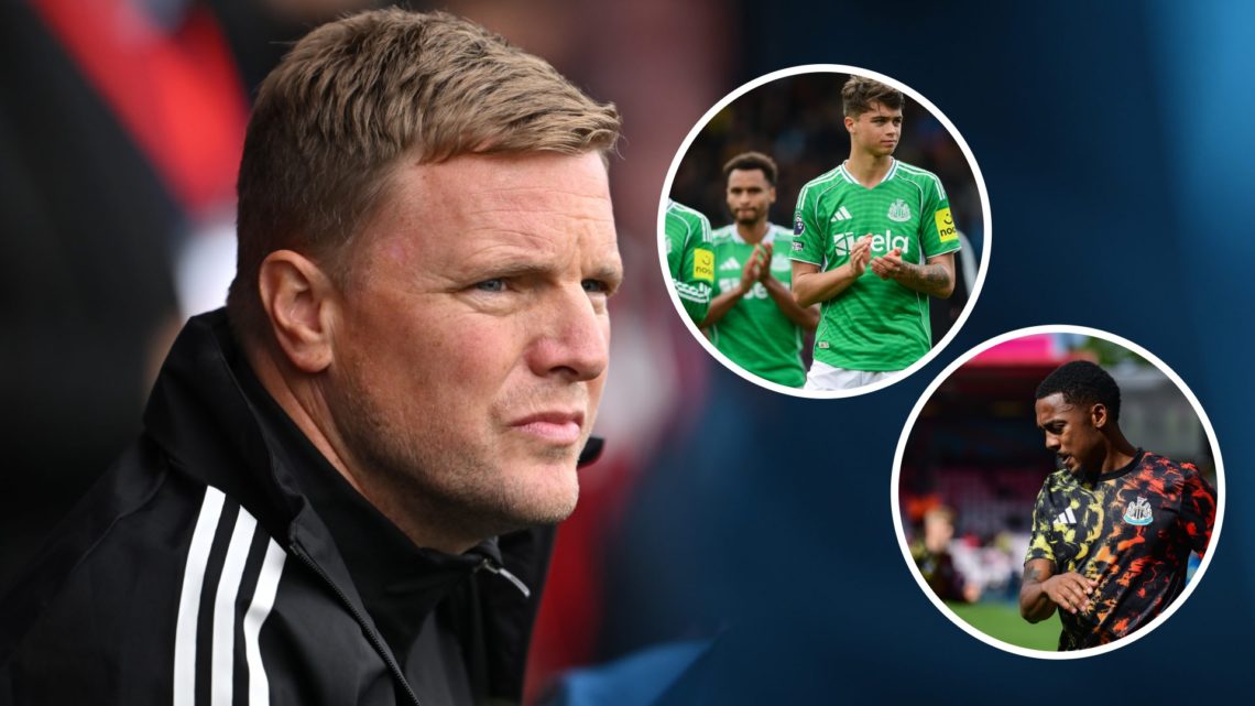 Eddie Howe looks on before a Newcastle United game. Inset 1, Lewis Miley. Inset 2, Joe Willock.