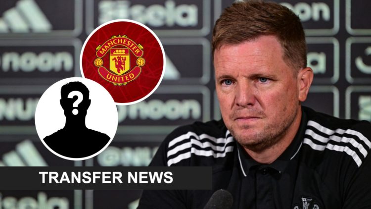 Newcastle United head coach Eddie Howe speaks to the media during a press conference. Inset: the Manchester United badge, a mystery player and a tr...
