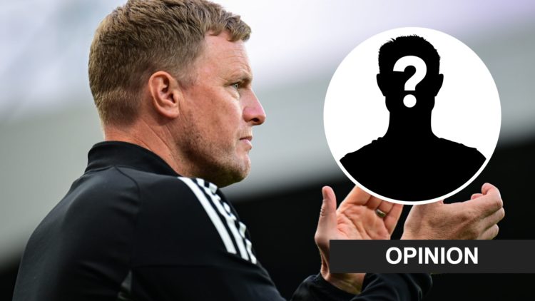 Newcastle United manager Eddie Howe claps his hands. Inset: a mystery player and an opinion banner.
