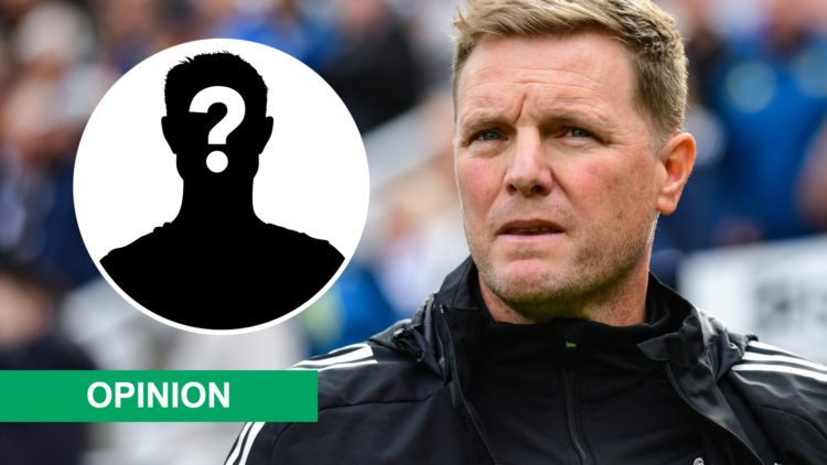 Newcastle United head coach Eddie Howe looks on. Inset: a mystery player and an opinion banner.