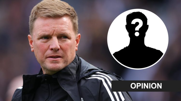 Eddie Howe looks on during Newcastle United's Premier League game with Wolves. Inset: a mystery player and an opinion banner.