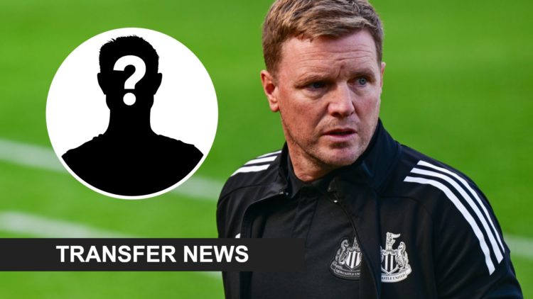Eddie Howe looks on during a game between Newcastle United and Atletico Madrid. Inset: a mystery player and a transfer news banner