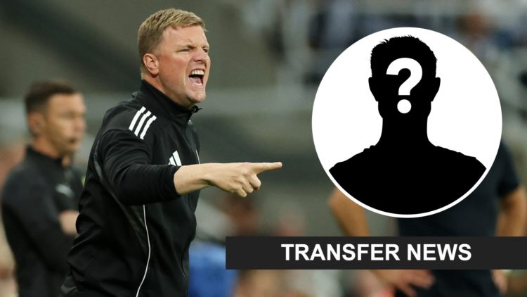 Eddie Howe reacts on the touchline during Newcastle United vs Liverpool. Inset: a mystery player and a transfer news banner.
