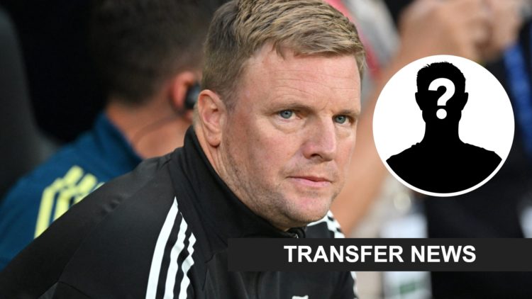 Eddie Howe looks on ahead of Newcastle United's Premier League game against Liverpool. Inset: a mystery player and a transfer news banner.