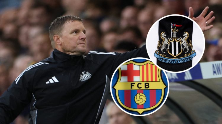 Eddie Howe catches the ball during Leeds United vs Newcastle United in the Premier League. Inset: the Newcastle United and Barcelona badges