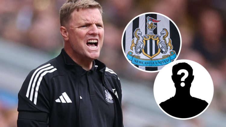 Eddie Howe looks on during a Premier League game between Aston Villa and Newcastle United. Inset: the Newcastle United crest on a flag and a myster...