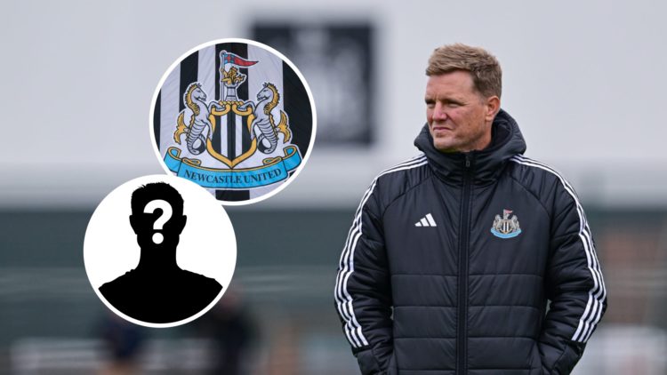 Eddie Howe oversees a Newcastle United training session. Inset: the Newcastle United badge and a mystery player.