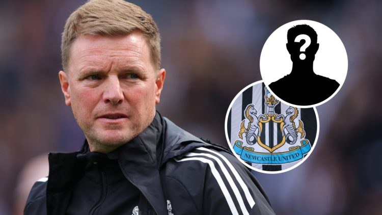 Eddie Howe looks on during Newcastle United's Premier League game with Wolves. Inset: the Newcastle United badge and a mystery player.