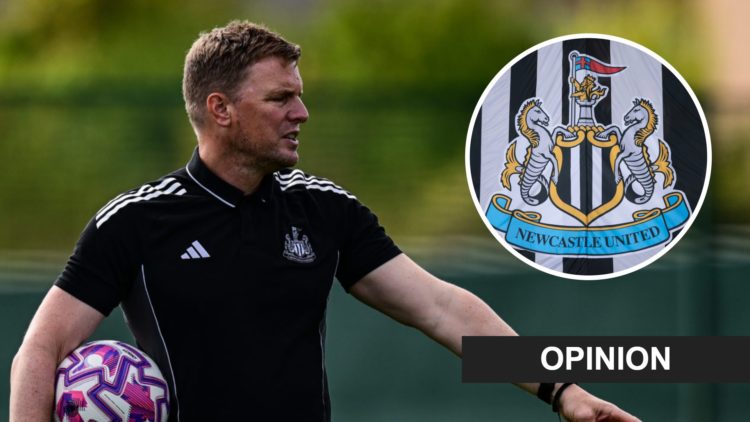 Eddie Howe gives instructions during a Newcastle United Training Session. Inset: the Newcastle United badge on a flag and an opinion banner