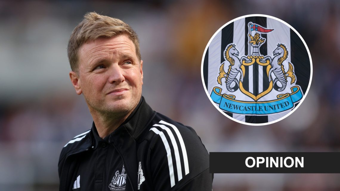 Eddie Howe looks on prior to Newcastle United's pre-season friendly with Atletico Madrid. Inset: the Newcastle United badge and an opinion banner.