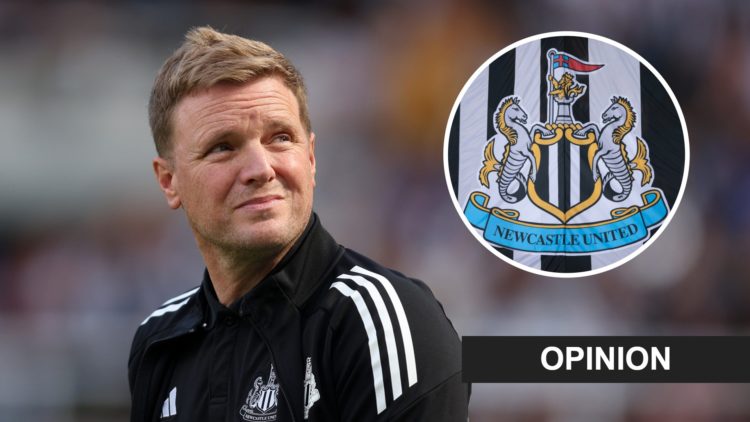 Eddie Howe looks on prior to Newcastle United's pre-season friendly with Atletico Madrid. Inset: the Newcastle United badge and an opinion banner.