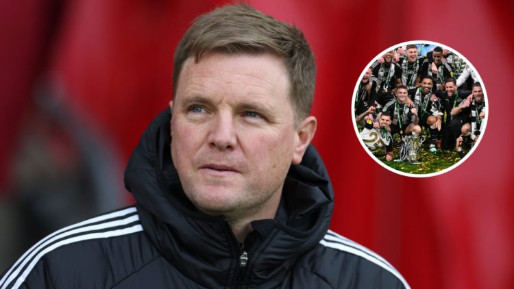 Eddie Howe looks on ahead of Newcastle United's Premier League game against Southampton. Inset: Newcastle United players celebrate the Carabao Cup win