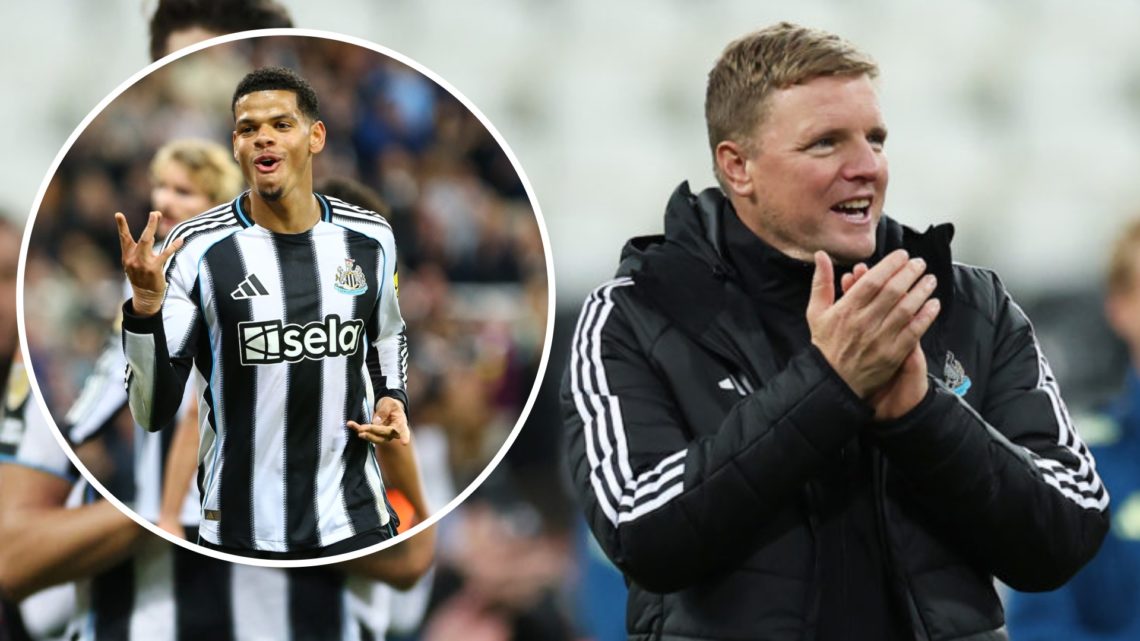 Newcastle United manager Eddie Howe. Inset, William Osula celebrates after scoring against Bradford in the Carabao Cup.