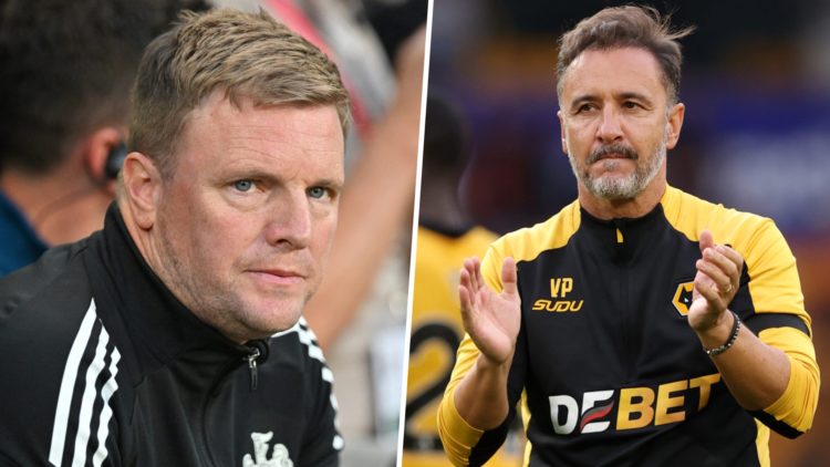 Eddie Howe looks on before Newcastle United play Liverpool. Wolves head coach Vitor Pereira applauds the fans at the end of a Premier League game a...