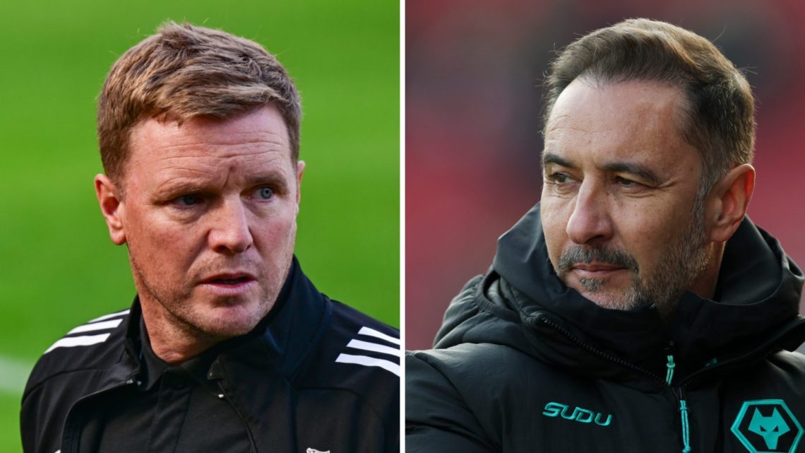 Split image: Close up of Newcastle United manager Eddie Howe (L). Wolves boss Vitor Pereira (R).