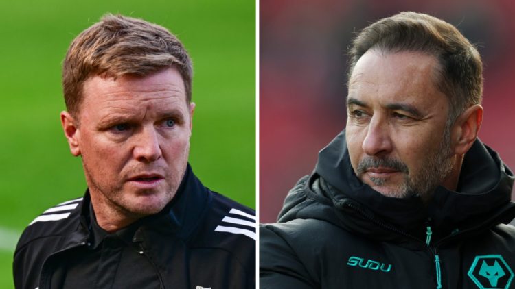Split image: Close up of Newcastle United manager Eddie Howe (L). Wolves boss Vitor Pereira (R).