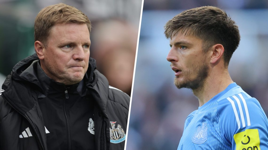 Eddie Howe looks on from the touchline during Newcastle United's Premier League game against Arsenal. Nick Pope playing for Newcastle United.