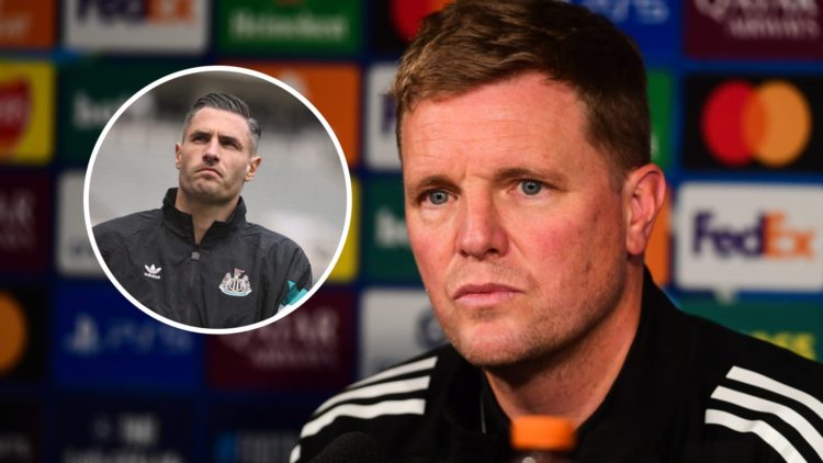 Eddie Howe speaks to the media ahead of Newcastle United's Champions League game against Barcelona. Inset: Newcastle United player Fabian Schar