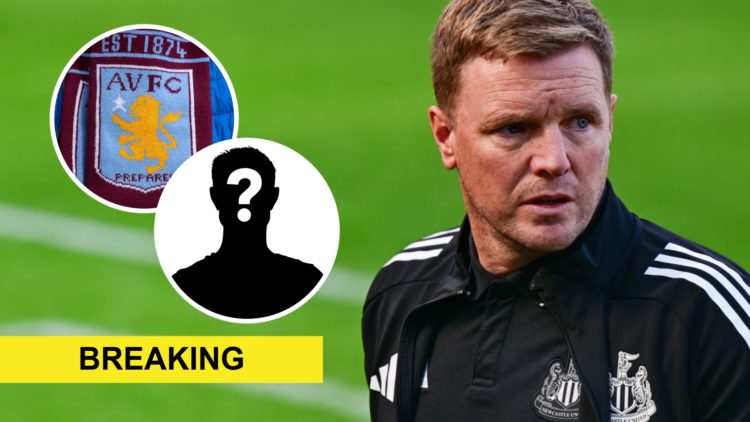 Eddie Howe during the pre-season friendly match between Newcastle United and Atletico Madrid. Inset: the Aston Villa badge and a mystery player