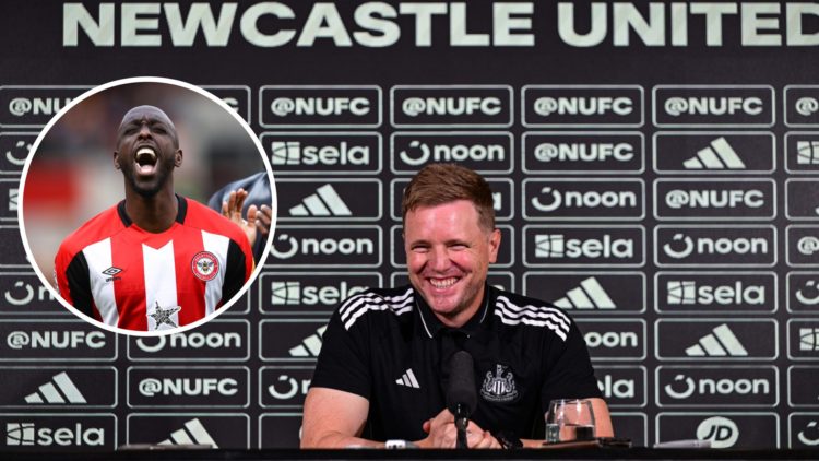 Inset, Yoane Wissa celebrates. Eddie Howe speaking during a Newcastle United press conference.