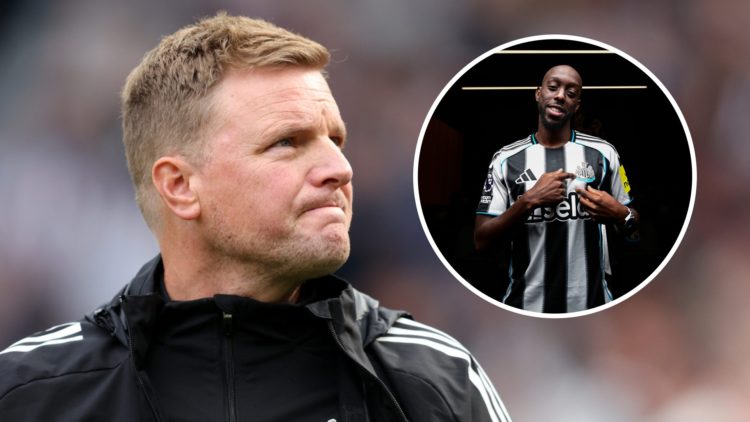 Eddie Howe. Inset, Yoane Wissa poses in a Newcastle United shirt.