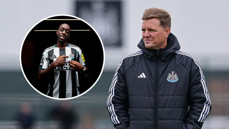 Eddie Howe oversees a Newcastle United training session. Inset: Yoane Wissa pointing at the Newcastle United badge
