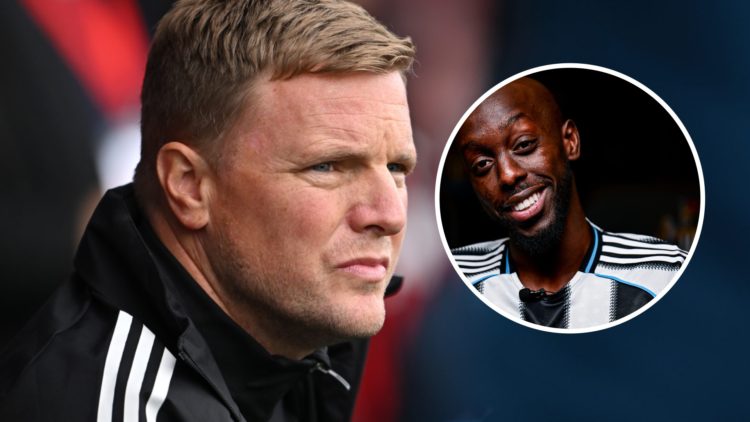 Eddie Howe looks on before Newcastle United vs Bournemouth in the Premier League. Inset: Newcastle United player Yoane Wissa.