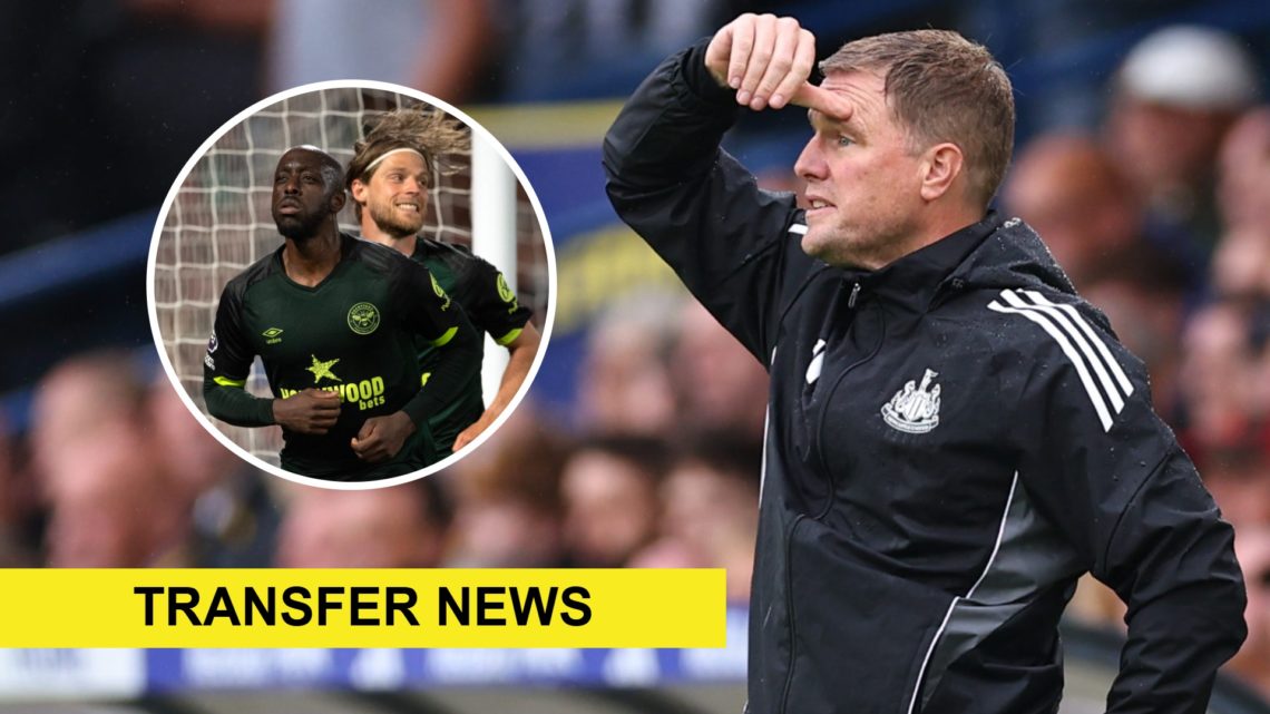 Eddie Howe looks on from the touchline during Leeds vs Newcastle United. Inset: Yoane Wissa playing for Brentford and a transfer news banner.