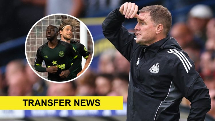 Eddie Howe looks on from the touchline during Leeds vs Newcastle United. Inset: Yoane Wissa playing for Brentford and a transfer news banner.