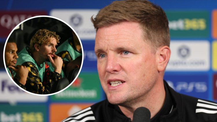 Inset, Nick Woltemade sitting on the bench. Newcastle United manager Eddie Howe speaking at a press conference.