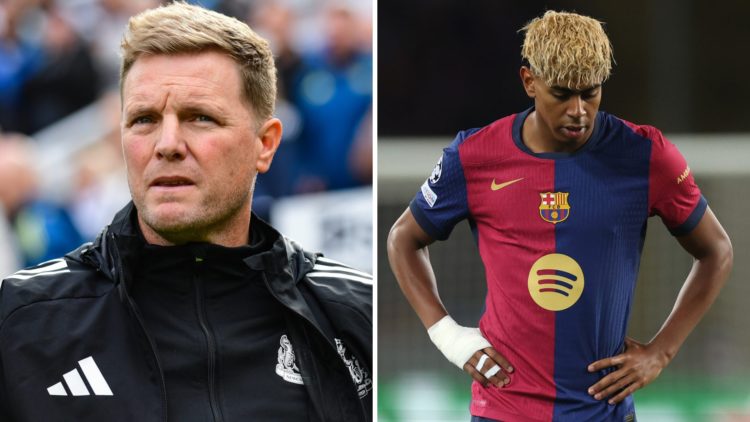 Newcastle United manager Eddie Howe. Lamine Yamal playing for FC Barcelona.