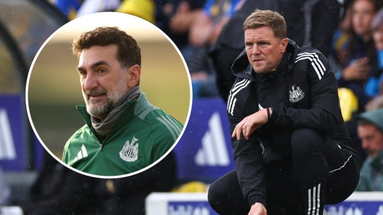Eddie Howe watches on during Newcastle United's Premier League game against Leeds United. Inset: Newcastle United chairman Yasir Al-Rumayyan