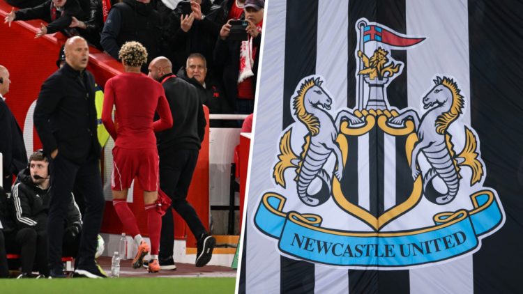 Hugo Ekitike walks past Arne Slot after being sent off for Liverpool, Newcastle United badge.