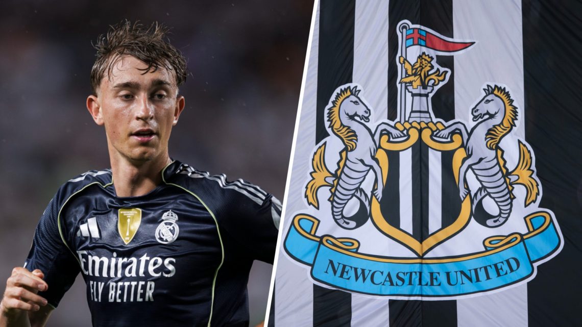 Dean Huijsen playing for Real Madrid at the Club World Cup in America. The Newcastle United badge on a flag.