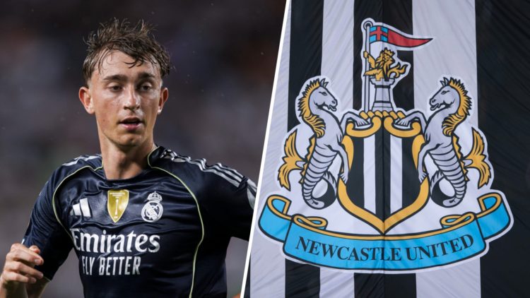 Dean Huijsen playing for Real Madrid at the Club World Cup in America. The Newcastle United badge on a flag.