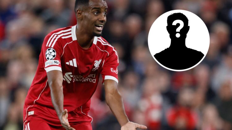Alexander Isak playing for Liverpool. Inset, mystery person graphic.
