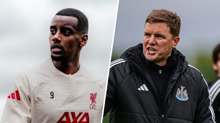 Alexander Isak in Liverpool training. Eddie Howe talks to his players in Newcastle United training.