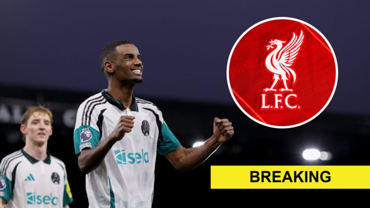 Alexander Isak celebrates scoring for Newcastle United against Ipswich Town. Inset: the Liverpool badge and a breaking news banner